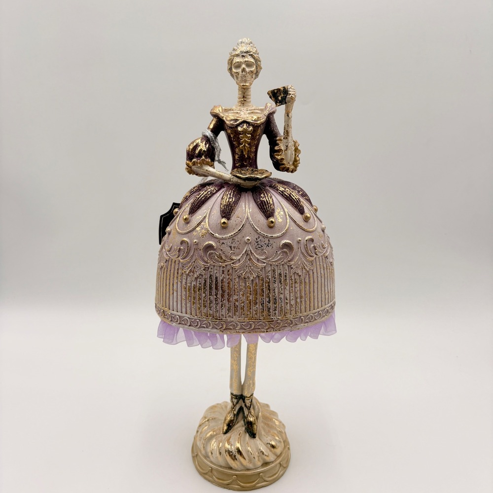 Bella Lux Victorian Skeleton Lady Figurine Halloween Decor Gold Purple